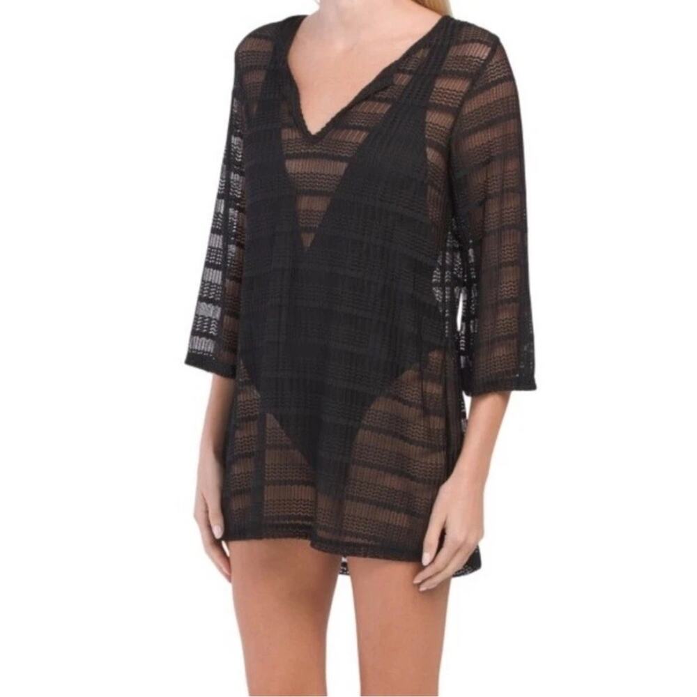 Jordan Taylor Women's V Neck Mesh Tunic Swim Cover Up Black Size S Made In USA